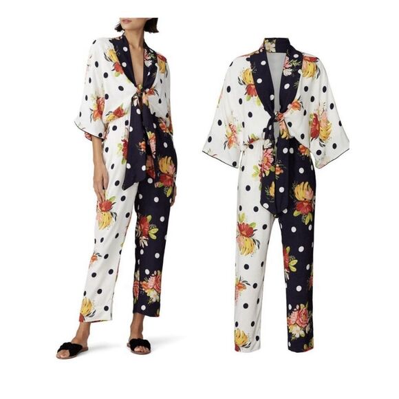 FARM Rio Pants - Farm Rio Mixed Nanaju Jumpsuit M Floral Polka Dot Tropical Whimsy Cottagecore